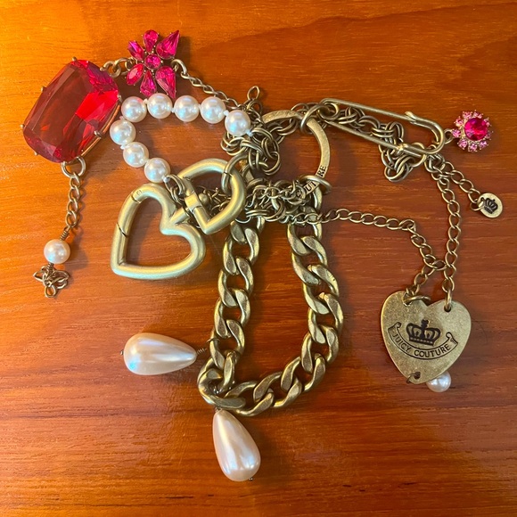JUICY COUTURE Vintage Bag Keychain Heart Jewel Charms Pearl Crystal Overstuffed - Picture 1 of 11